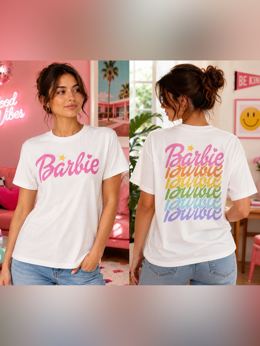 Barbie Rainbow Graphic Tee Cotton Pink Logo Back Print NWT